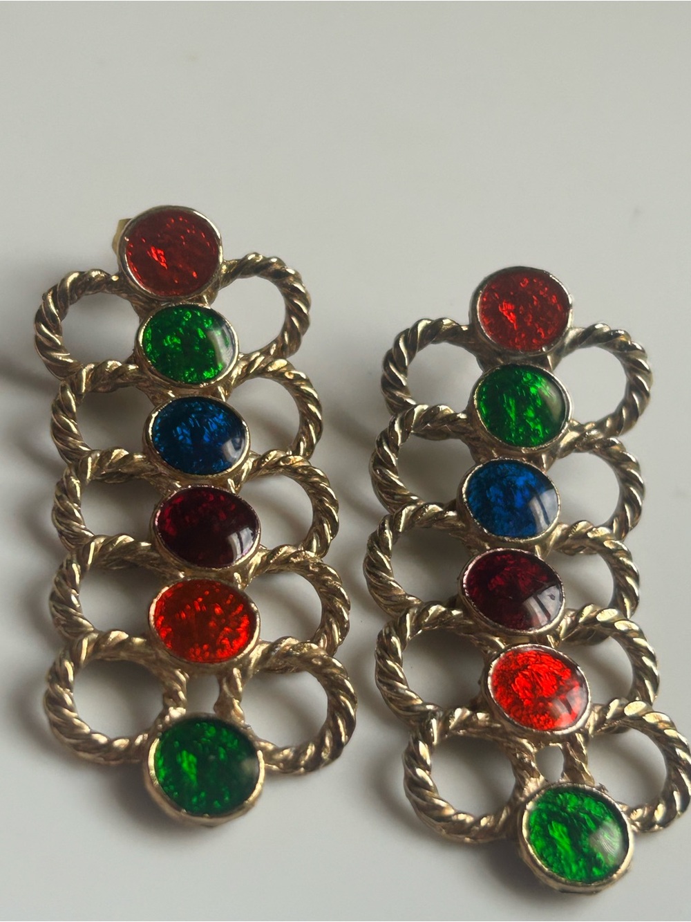 Vintage 80s Multicolor Cabochon Gold Drop Dangle Statement Earrings Runway - Picture 11 of 12